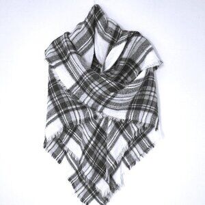 Modcloth Black & White Houndstooth Plaid Blanket Scarf Wrap Large 54"x54" Fringe